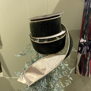 John Mark Sharp dark green velvet ribbon with metallic dupion backing and elegant gold edge detail, 2.5-inch decorative ribbon.