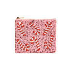 Pink beaded pouch with red and white candy canes
Holiday-themed candy cane clutch with zip closure
Hand-beaded pink pouch with candy cane design
Festive holiday pouch with candy cane beading on pink