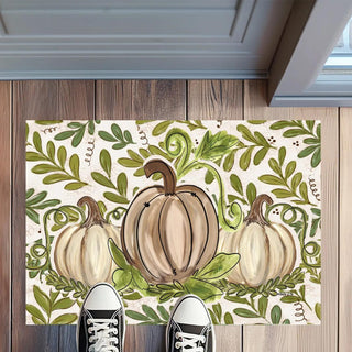 Olive Leaf Pumpkin Rug Floormat featuring watercolor pumpkins with olive leaf greenery on a 20" x 32" non-slip polyester rug.