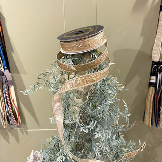 John Mark Sharp Crinkle Metallic Dupion Fused Gold Ribbon with textured metallic finish and elegant decorative design.