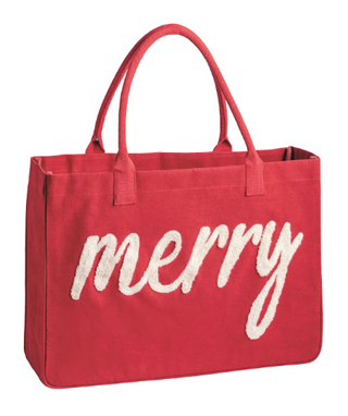 Holiday Bouclé Totes featuring festive canvas designs with bouclé yarn sentiments including "Merry," "Fa La La," and "Merry Christmas" wreath.