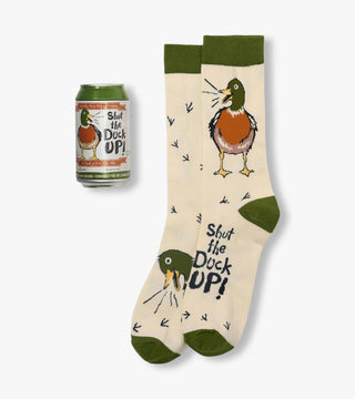 Men’s beer can socks gift set with fun novelty sock designs including bears, fishing, camping, ducks and mushrooms.