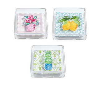 Garden napkin holder weight in clear acrylic with floral design
