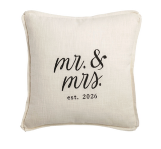 Mr and Mrs embroidered cotton pillow with est 2026 detail
