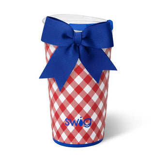 Swig Patriotic Picnic tumblers with red gingham print and blue bow lid