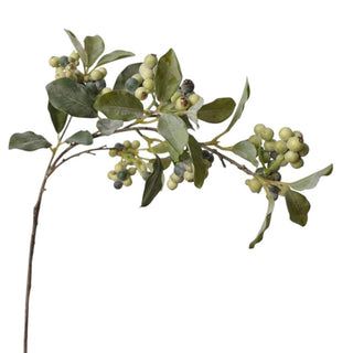 Faux green berry branch with realistic foliage and natural-looking berries on a flexible brown stem for floral arrangements.