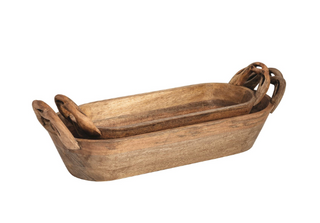 Hand-carved mango wood decorative dough bowl with sculpted side handles