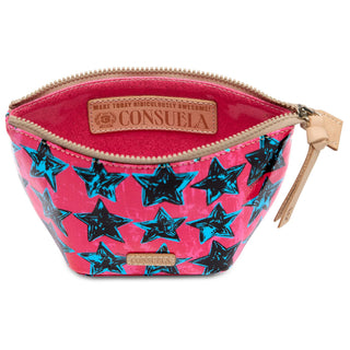 “Consuela Presley Medium Tool Kit with pink and blue star print exterior”

“Presley Consuela cosmetic bag with star design and leather zipper pull”

“Pink Consuela pouch with blue star pattern and vinyl interior”

“Consuela Presley Tool Kit cosmetic case made in Mexico”

“Medium Presley Consuela bag with natural leather logo patch”