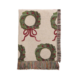 “Wreath Jacquard Blanket with holiday wreath design and fringe trim”

“Cotton jacquard throw blanket featuring festive wreath pattern”

“Woven Christmas wreath blanket with multicolor fringe edges”

“Holiday wreath print jacquard blanket with decorative fringe”
