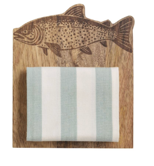 Engraved mango wood fish serving board with cotton towel