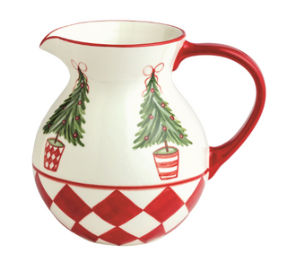 Hand-painted ceramic Checkered Tree Pitcher featuring decorated Christmas trees, a red handle, and a red checkered pattern around the base.