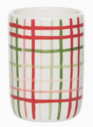 Ceramic tumbler with red and green holiday plaid pattern

Festive plaid ceramic cup for holiday beverages

White tumbler with multicolor Christmas plaid design

Holiday plaid ceramic drink tumbler 13.5oz