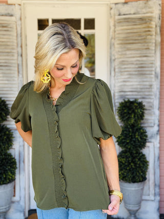 Ava Top olive short bubble sleeve smocked neck blouse for women