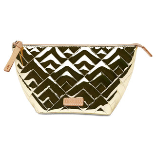 Consuela Evadney Large Tool Kit with quilted gold metallic exterior

Consuela Evadney gold quilted cosmetic and tool pouch with zip closure

Interior view of Consuela Evadney Large Tool Kit with wipeable vinyl lining

Consuela Evadney Large Tool Kit with leather zipper pull and logo detail