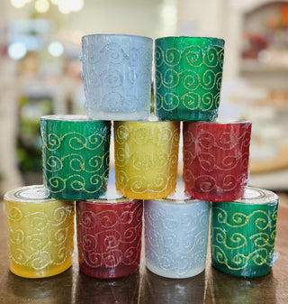 Swan Creek Shimmering Lights Small Vase Candles in assorted colors

Glitter swirl glass candles by Swan Creek in red, green, yellow, and white

Shimmering soy wax candles in colorful glass vases

Small Swan Creek candle collection with decorative swirls

Festive glass vase candles with soy wax by Swan Creek