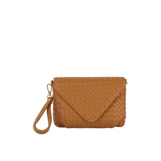 Taupe: Taupe woven faux leather wristlet crossbody with gold hardware

Tan: Tan woven vegan leather wristlet crossbody bag with detachable strap

Both: Woven vegan leather clutch with wristlet and crossbody strap in neutral tones

