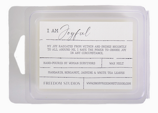 Freedom Studios Wax Melts with mandarin, bergamot, jasmine, and white tea

Hand-poured soy blend wax melts made by survivors

Freedom Studios 2oz wax melt with uplifting citrus and floral notes

Soy blend wax melts in clean packaging by Freedom Studios
