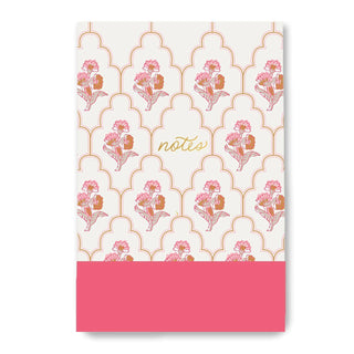 Petal Reverie flip notepad with pink floral pattern, gold script, and elegant notes design.