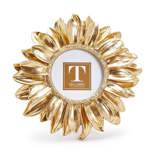 Gold sunflower photo frame with petal design holding a 3x3 photo