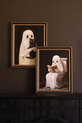 Set of two Halloween ghost paintings with black cat and spooky reading scene