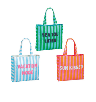 Striped terry cloth tote bag with bouclé “Sea You Later” embroidery