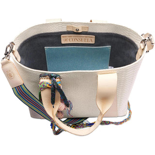 “Consuela Thunderbird Carryall with textured exterior and woven strap”

“Thunderbird Consuela tote bag with natural leather handles and trim”

“Consuela Thunderbird Carryall interior view with pockets and snap closure”

“Large Consuela Thunderbird tote with detachable woven crossbody strap”

“Consuela Thunderbird Carryall made in Mexico with embossed leather texture”