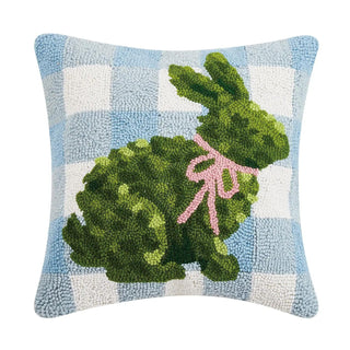 Bunny topiary hook pillow with blue gingham background