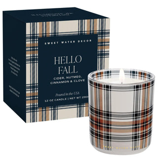 Hello Fall 12 oz boxed soy candle in a plaid glass jar with matching gift box featuring warm cider, cinnamon, clove, apple, and nutmeg fragrance notes.