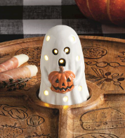 Hand-painted ceramic Ghost Light-Up Sitter holding a smiling jack-o'-lantern with built-in LED lights for Halloween home décor.