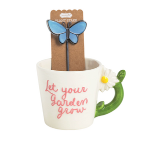 Garden mug with plant stake and hand-painted floral handle
