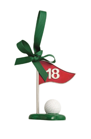 Hand-painted Golf Ornament featuring a golf ball, green base, red flag, and grosgrain ribbon hanger.