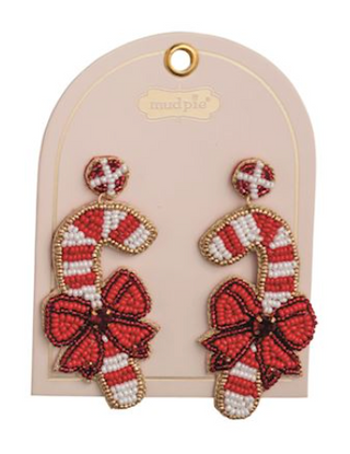 Holiday Beaded Earrings featuring festive Christmas designs including trees, holly, bows, candy canes, and colorful beaded details with hypoallergenic posts.