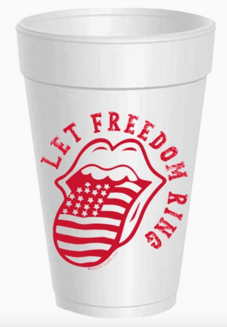 Let Freedom Ring Styrofoam Cups with patriotic red graphic featuring American flag tongue design on white 16 oz foam cups