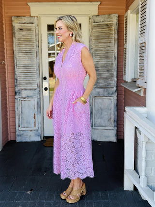 Light pink lace dress with front zip closure and fitted waist

Pink sleeveless lace midi dress with zipper front

Blush pink lace dress with smocked waist and front zipper

Feminine pink lace dress with V-neck and zip front

Elegant light pink lace dress with flattering silhouette