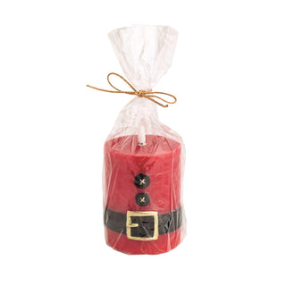 Santa-themed flameless LED pillar candle with faux wick

Red flameless pillar candle with black belt and gold buckle design

Battery-operated Santa suit LED pillar candle wrapped for gifting

