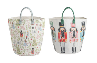 Large Christmas tote bags featuring whimsical holiday prints, including classic nutcrackers and festive Christmas icons with sturdy carry handles.