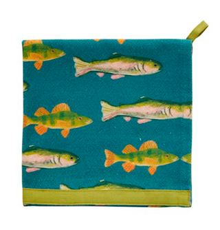 Retreat fishing cotton hand towel with fish pattern and hanging loop