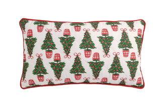 Quilted lumbar pillow featuring festive Christmas tree block print on the front, red striped reverse, red piping, and zipper closure.