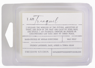 Freedom Studios Wax Melts with mandarin, bergamot, jasmine, and white tea

Hand-poured soy blend wax melts made by survivors

Freedom Studios 2oz wax melt with uplifting citrus and floral notes

Soy blend wax melts in clean packaging by Freedom Studios