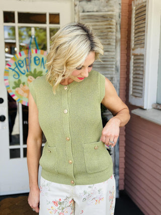 Brynleigh green button-down knit vest with gold-tone buttons