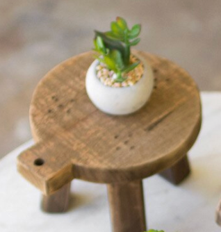 “Wooden cutting board risers styled with small succulents”