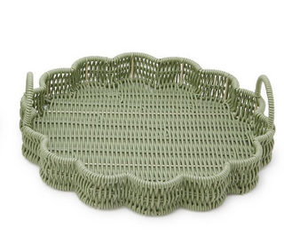 Green wicker round serving tray with scalloped edge and handles

All-weather wicker scalloped edge green serving tray

Round green wicker tray for patio or outdoor entertaining

Decorative green wicker serving tray with scalloped rim