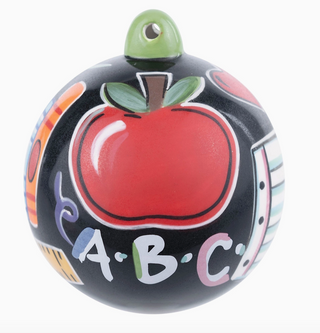 Colorful Teacher Things ornament with crayons, apple, and “Teach” lettering

Hand-painted teacher-themed Christmas ornament featuring pencils, ABCs, and 123s

Black round ornament with vibrant school-themed illustrations and apple design

Ceramic teacher ornament with educational icons and bold colors