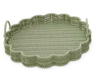 Green wicker round serving tray with scalloped edge and handles

All-weather wicker scalloped edge green serving tray

Round green wicker tray for patio or outdoor entertaining

Decorative green wicker serving tray with scalloped rim