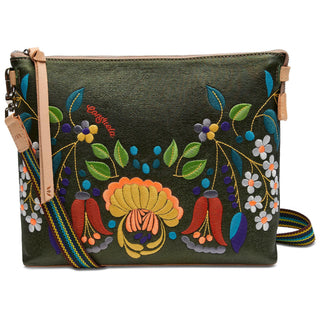 “Consuela Vic Downtown Crossbody with floral embroidery on olive green fabric”

“Olive green Consuela crossbody with embroidered floral details”

“Consuela Vic bag with adjustable woven strap and leather trim”

“Interior of Consuela Vic Crossbody with slide pocket and card slots”

“Floral embroidered Consuela Vic Downtown Crossbody made in Mexico”