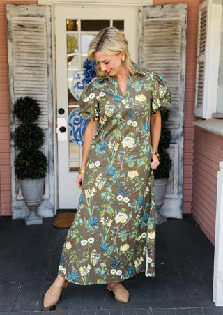 Aspen Dress brown floral print midi dress with puff sleeves and pockets