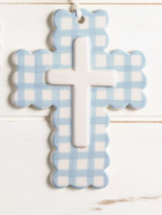 “Gingham ceramic cross ornament with layered design”