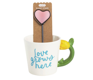 Garden mug with plant stake and hand-painted floral handle