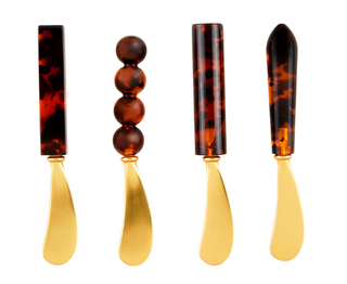 “Brass-finished cheese spreaders with tortoise shell pattern handles”

“Elegant appetizer knives with acrylic tortoise handles”

“Stylish spreader set for entertaining and charcuterie boards”


