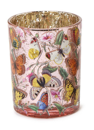 Butterfly silhouette antiqued glass tealight candleholder

Floral butterfly votive candle holder with gold interior

Antiqued butterfly glass candleholder set of two

Decorative butterfly tealight holder with metallic finish
